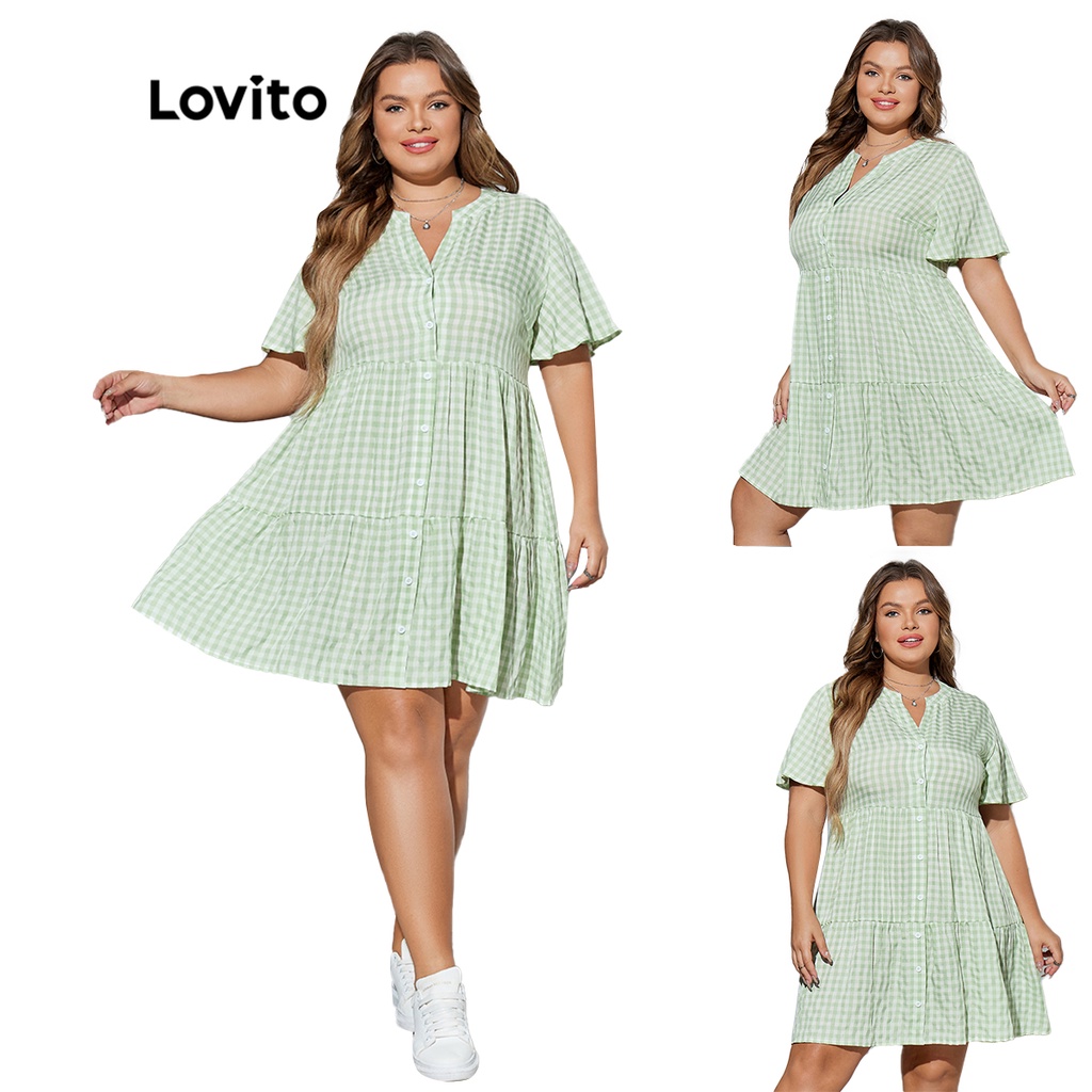 Lovito Plus Size Curve Casual Plaid Button Front Double Layer Ruffle