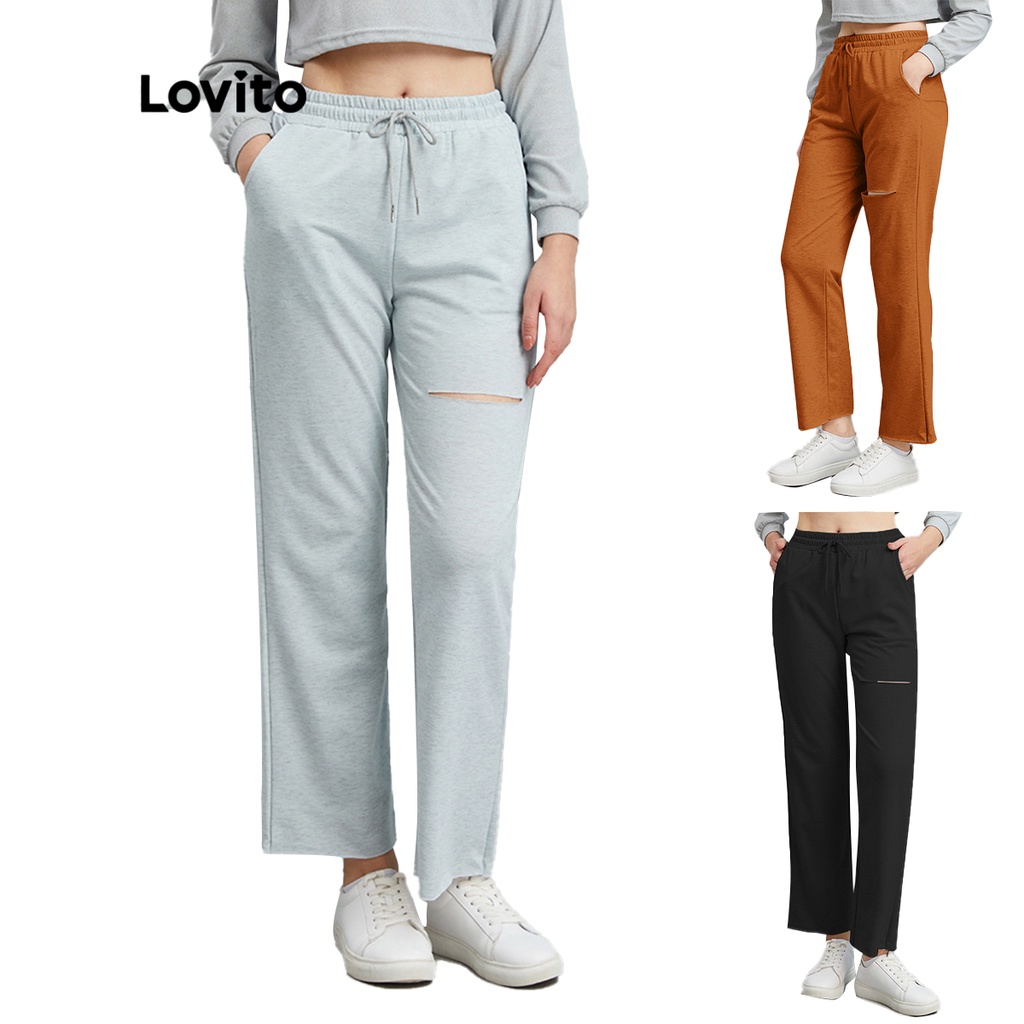 Lovito Casual Plain Raw Hem Lace Up Ripped Pants For Women L10104