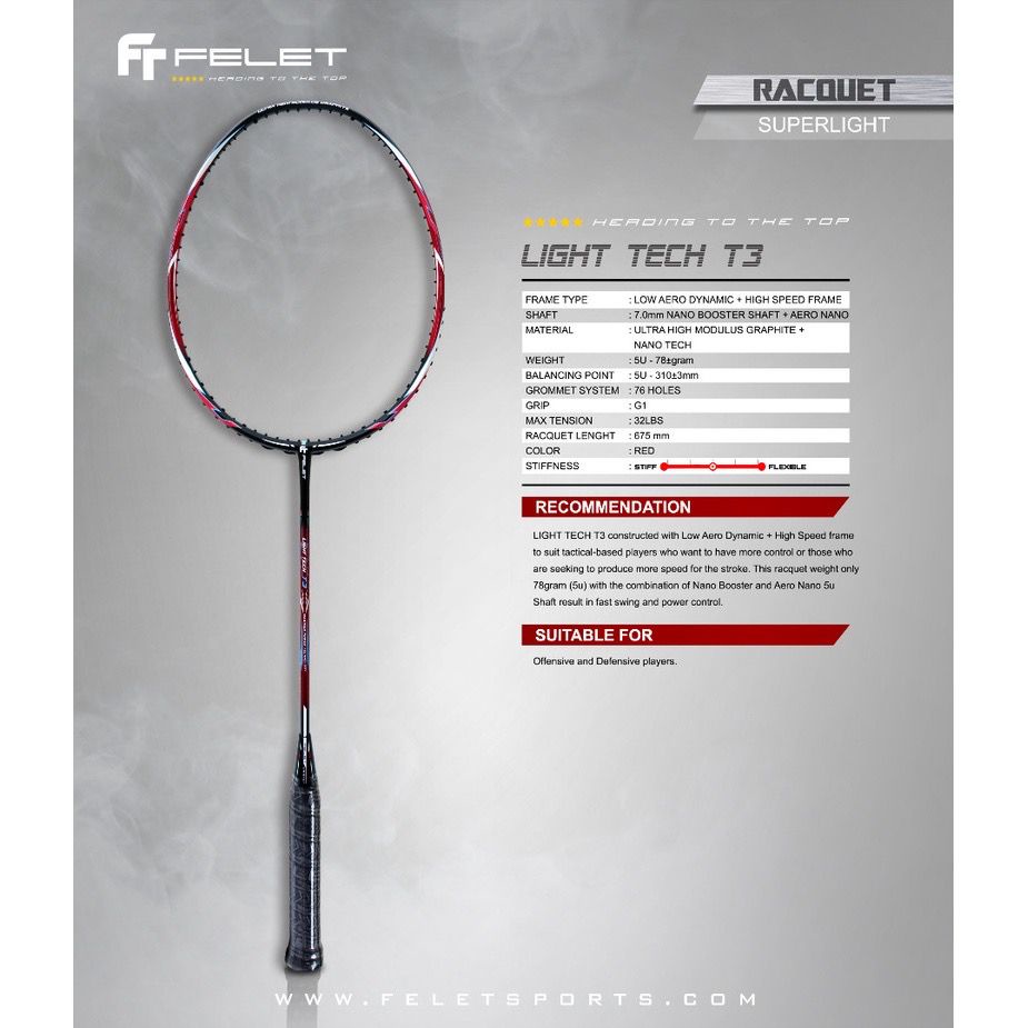 Felet Light Tech T3 5u 78gram Heavy Head Racket Badminton Raket