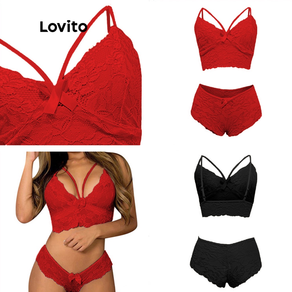 Lovito Sexy Lace Bow Criss Cross Without Pads Sexy Lingerie Nighties