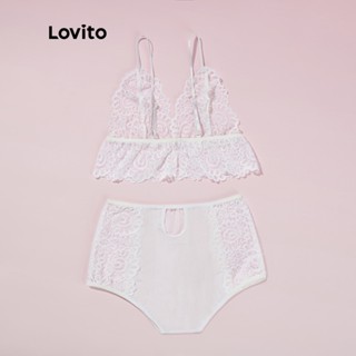 Lovito Sexy Lace And Mesh Contrast Deep V Neck Lingerie L White