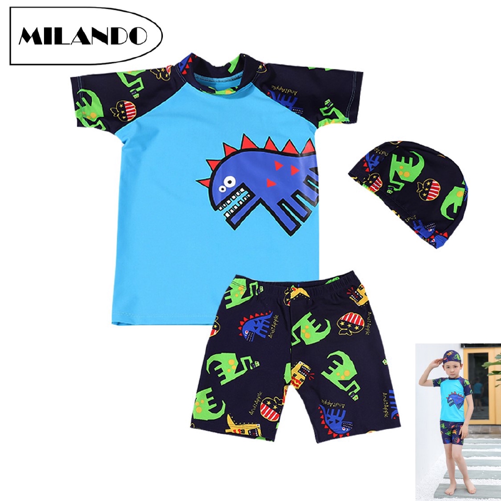 (3 pcs) MILANDO Kid Children Swimsuit Boy  Cartoon Dinosaur Swim Wear 3-Piece Set (Type 1)