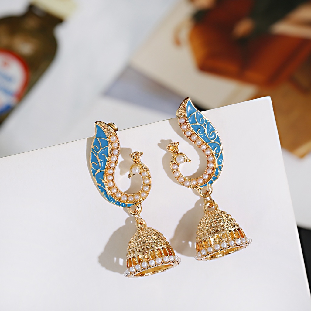 Ethnic Retro Corful Peacock Jhumka Earrings Womens Indian Jewelry Flower Gold Bell Tassel White Pearl Earrings