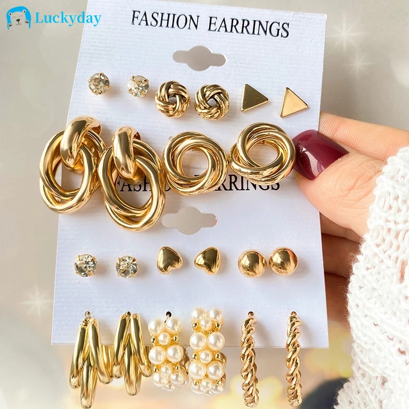 [Value Choice]12 PCS / Vintage Set Elegant Pearl Set Earrings Fashion Geometric Butterfly Star Earring Gold Drops Prisoner Screw for Women Gift Accessories