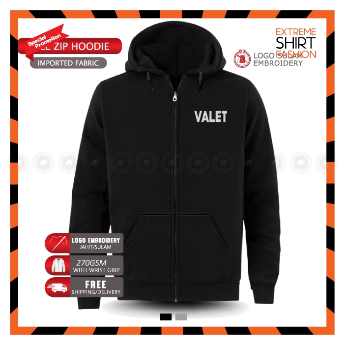 Zip Hoodie Sulam Valet Parking Hotel Apartment Service Work Baju Tee Lelaki Office Service Uniform Embroidery Jahit