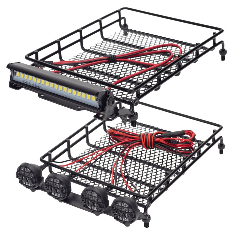 Metal Roof Rack Luggage Carrier with LED Spotlights Bar for 1/10 RC Car