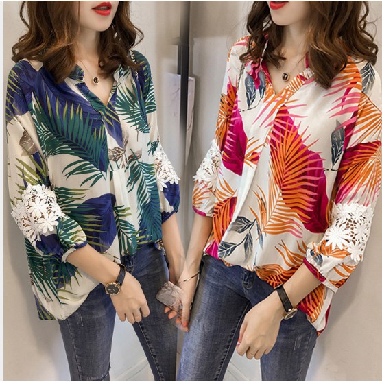 women Fashion flower baju  kemeja wanita  V  neck  long sleeve 