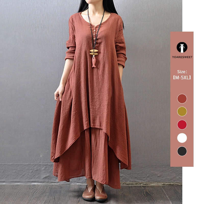 Solid color long skirt linen dress loose long sleeves Yoaresweet