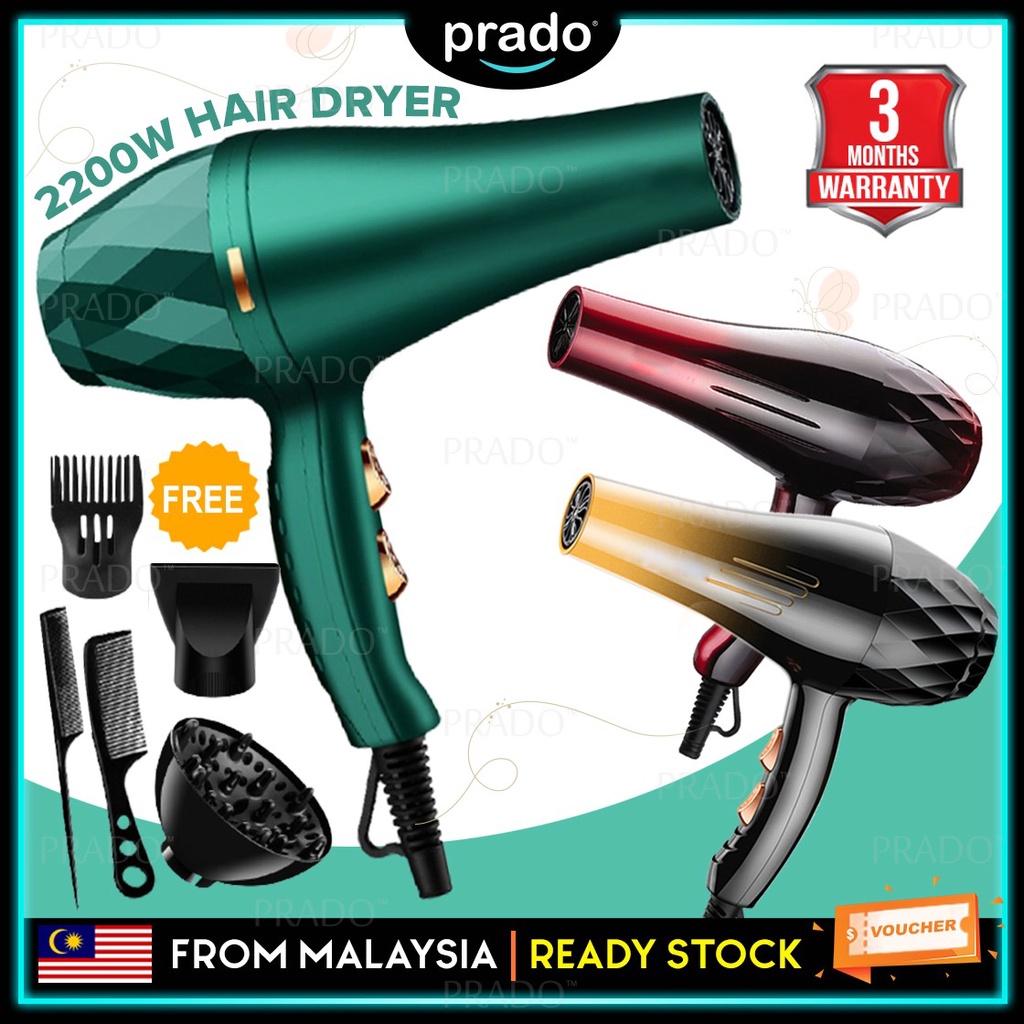 PRADO Portable 2200W Travel Hair Dryer Strong Wind Ionic Senang Dibawa Berkuasa Pengering Rambut dgn Aksesori