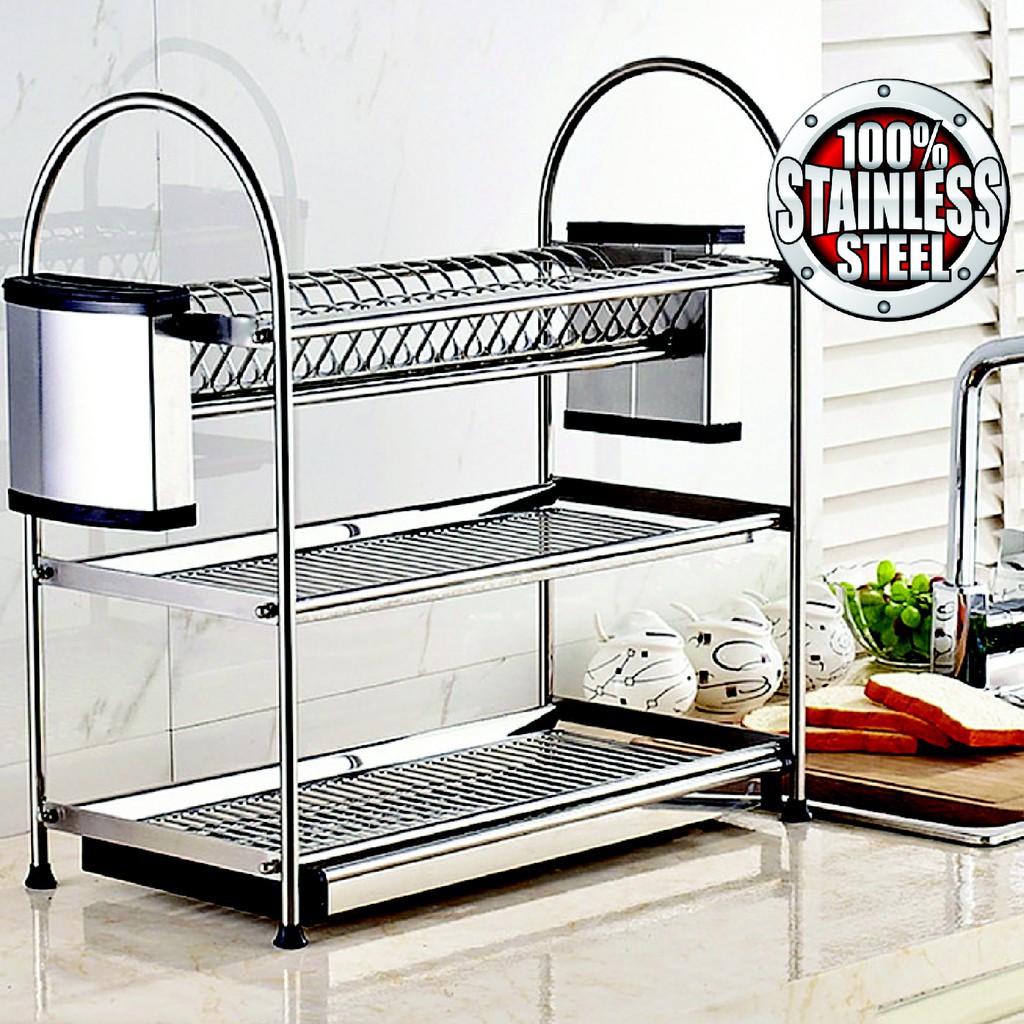 Rak Besi Letak Pinggan 3 Tingkat Stainless Steel 3 Tier Dish Rack With Utensil Holder And Knife Itsmeraihana Shopee Malaysia