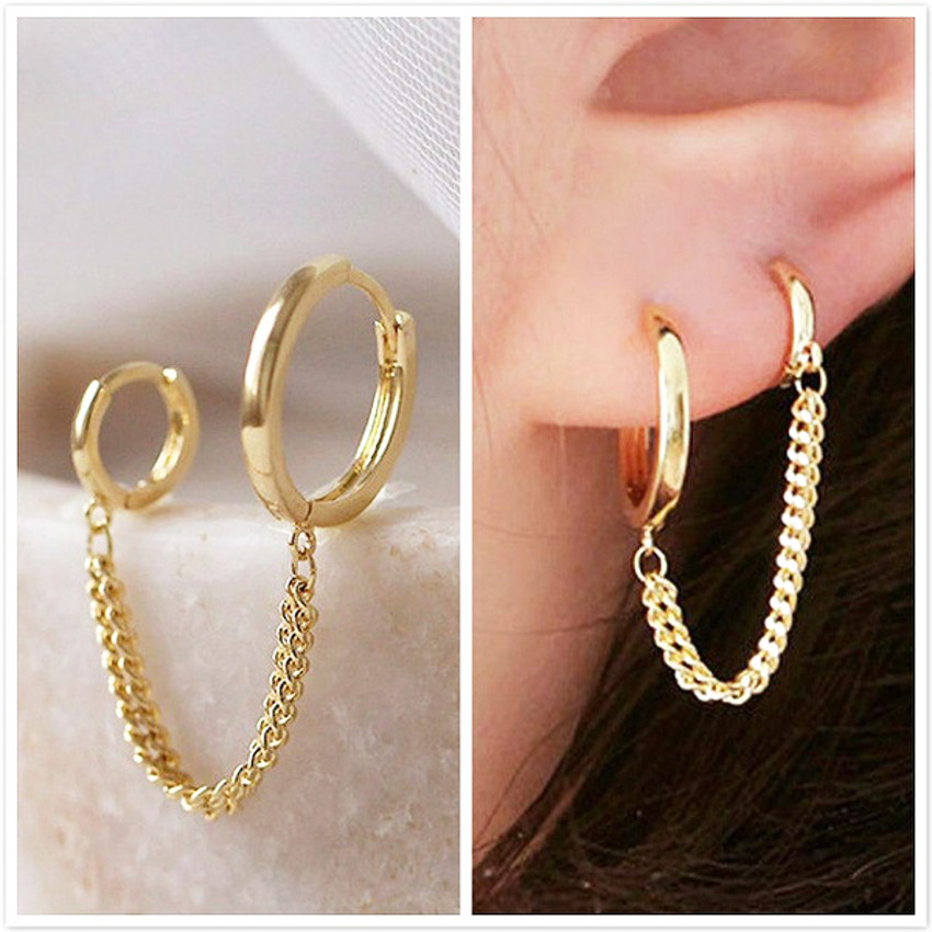 Double Piercing Mini Small Huggie Earring/ Tassel Chain Hoop Earrings Cuff Wrap Earrings / 2 Hole Double Piercing Zircon Earrings / Girls Statement Drop Earrings for Women Girl Crawler Earrings