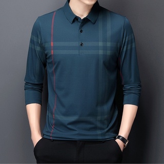 ▦▫◈Men's Polo Shirt Long-Sleeved T-Shirt Ice Silk Lapel Dad Wear Golf Other Printed Striped Collar Button