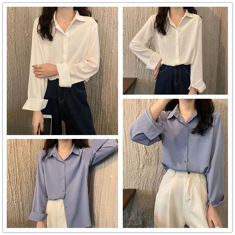 Blouse Putih Women S Blouse Bluecute Tops Simple Blouse Loose Casual Ladies Lengan Panjang Wanita Baju Shopee Malaysia