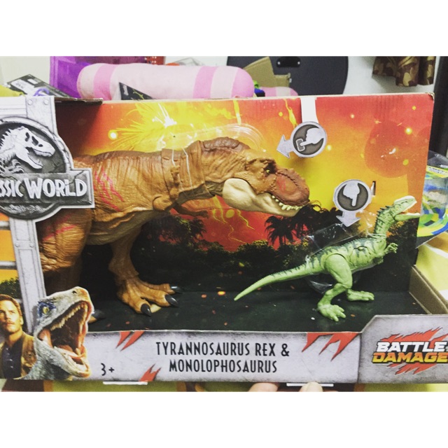 jurassic world battle damage tyrannosaurus rex & monolophosaurus