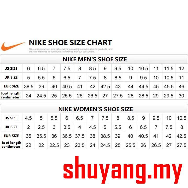 nike women's footwear size chart