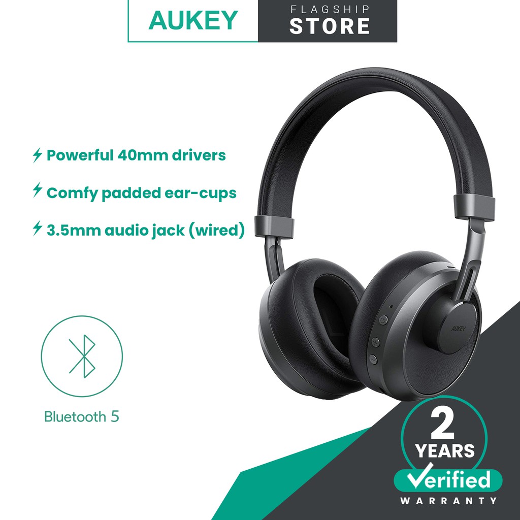 Aukey EP-B52 V2 On-Ear Wireless Bluetooth 5 Hi-Fi stereo Headphones with 25 Hour Battery | Deep Bass | 40mm Driver