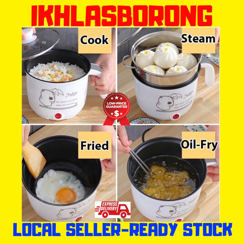 2 Layers Non Stick Mini Cooker Pot Steamer Tray Rice Soup Maggi Mee Steamboat 1.8L Multifunction Periuk Nasi Elektrik 火锅