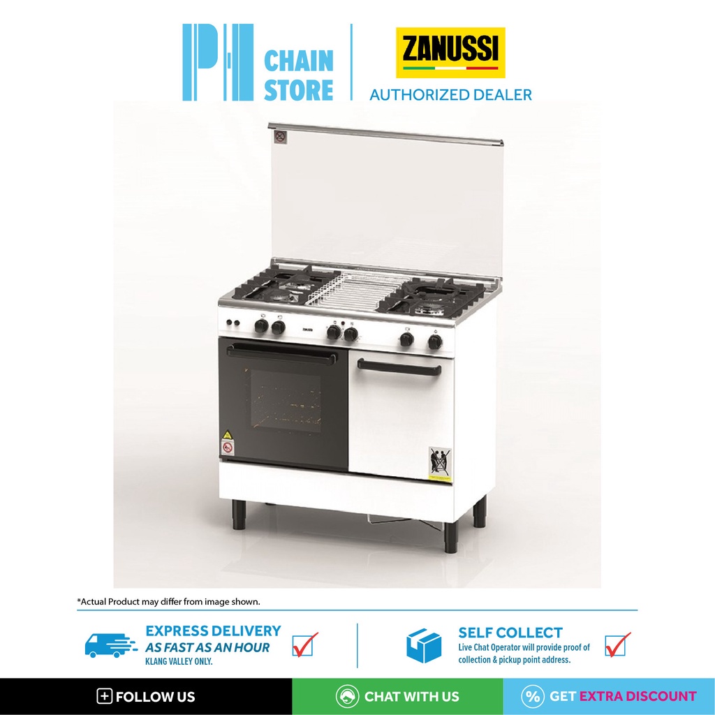 (DELIVERY FOR KL & SGR ONLY) ZANUSSI ZCG932W 3 GAS BURNERS FREE-STANDING GAS COOKER WITH 62L ELECTRIC OVEN COOKER