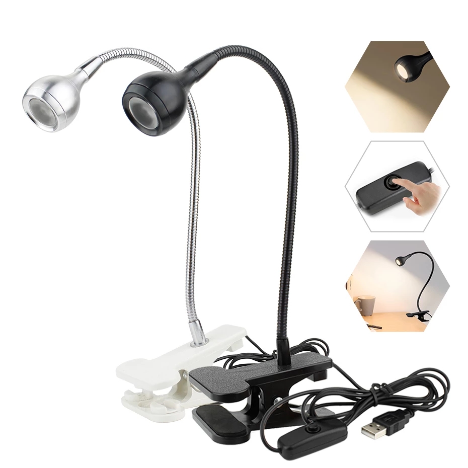 Clip-On Adjustable Flexible Gooseneck LED Book Reading Lamp / USB Operated Energy Saving Eye-caring Table Lamps / Office & Household Reading Light