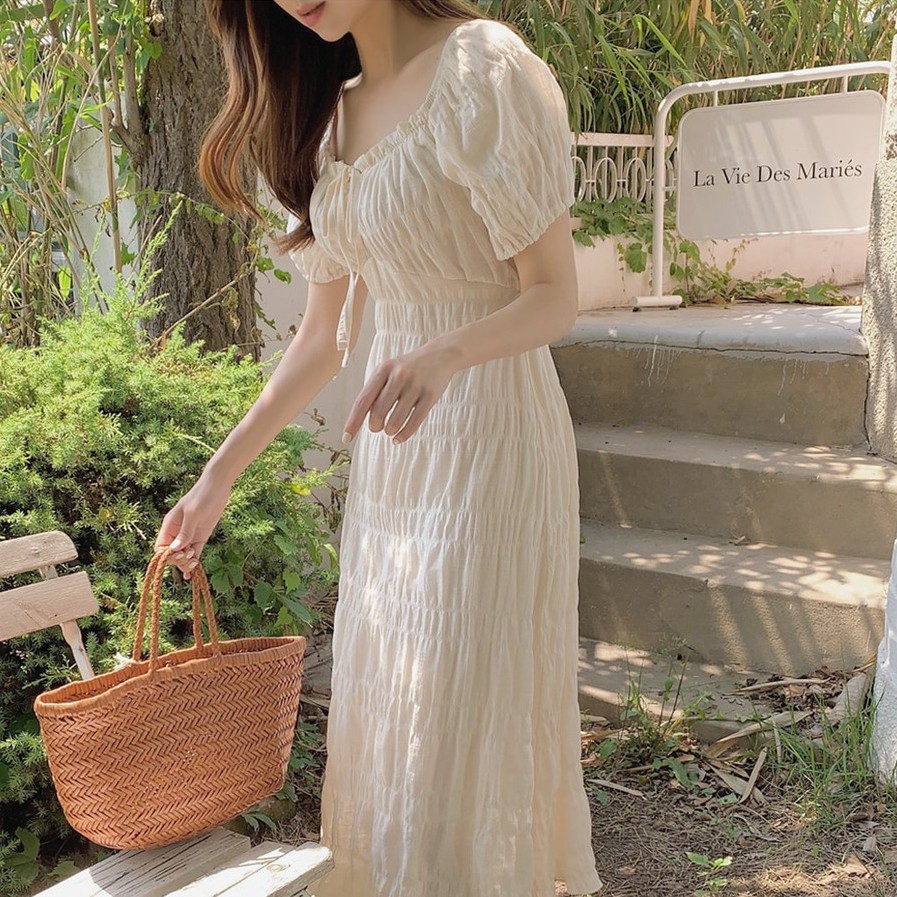 44498 Summer Square Neck Waist Slimmer Look Mid-Length Pleated Dress