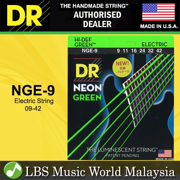 DR Strings NGE9 Hi-Def Neon Green Nickel Plated Steel Coated Electric Guitar Strings - Light 09-42 (NGE9)