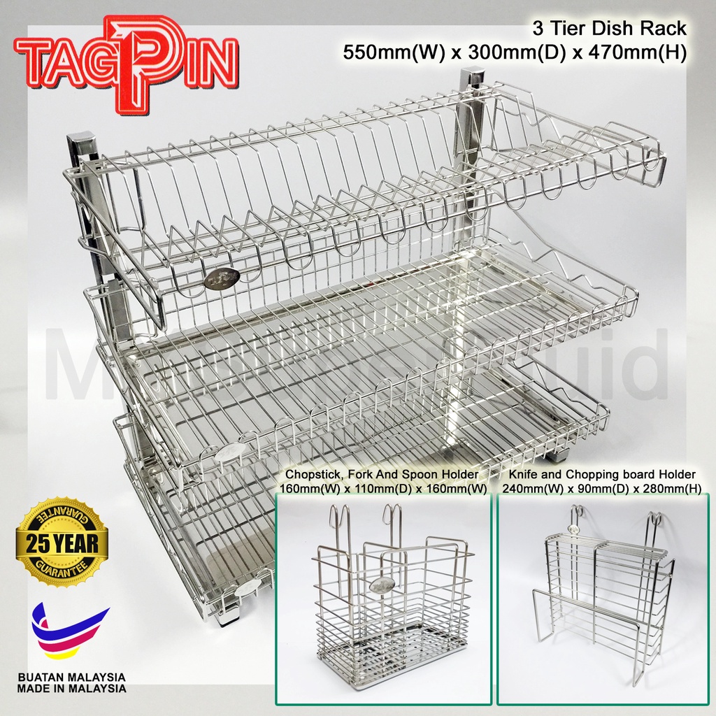 Grade 304 Stainless Steel 3 Tier Free Standing Dish Rack Combo Shopee