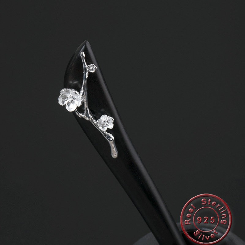 Sandalwood Hairpins 925 Sterling Silver Plum Flower Hair Sticks