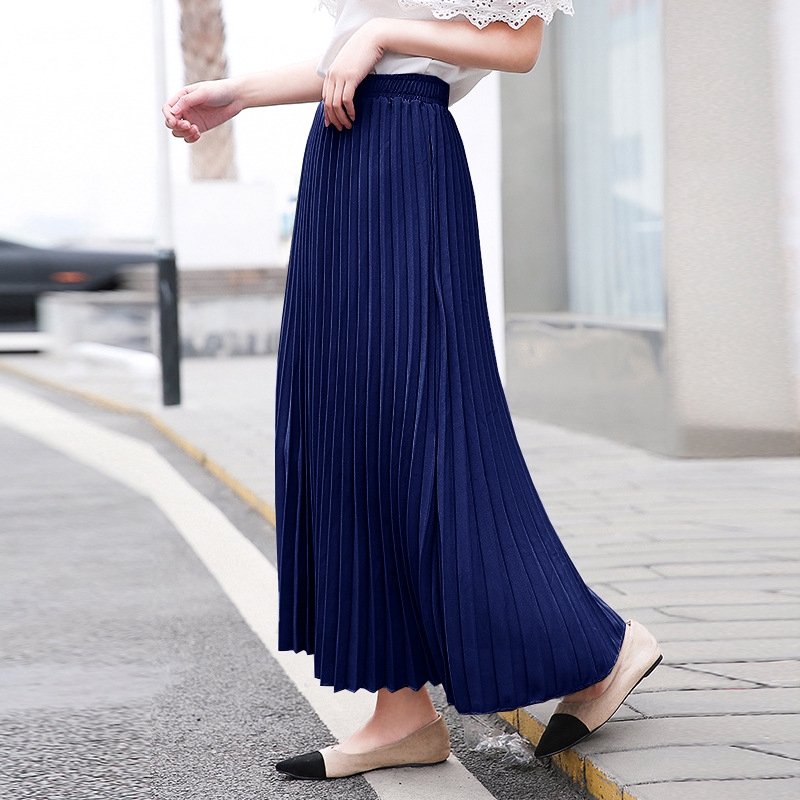 navy long pleated skirt