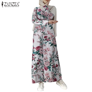 Image of ZANZEA Women Long Sleeve Vintage Floral Printed Loose Muslim Maxi Dress