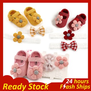 Baby Shoes and 2Pcs Baby Headband Set Newborn Baby Girls Shoes Anti-Slip Infant Toddler Soft Sole Princess Shoes for 1 Year