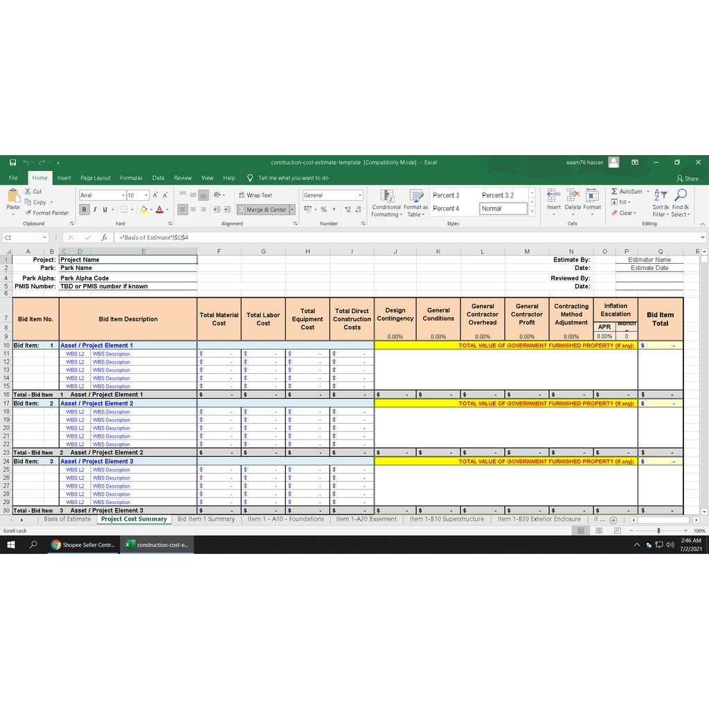 Buy Construction Cost Estimate Template B Q Excel Seetracker Malaysia
