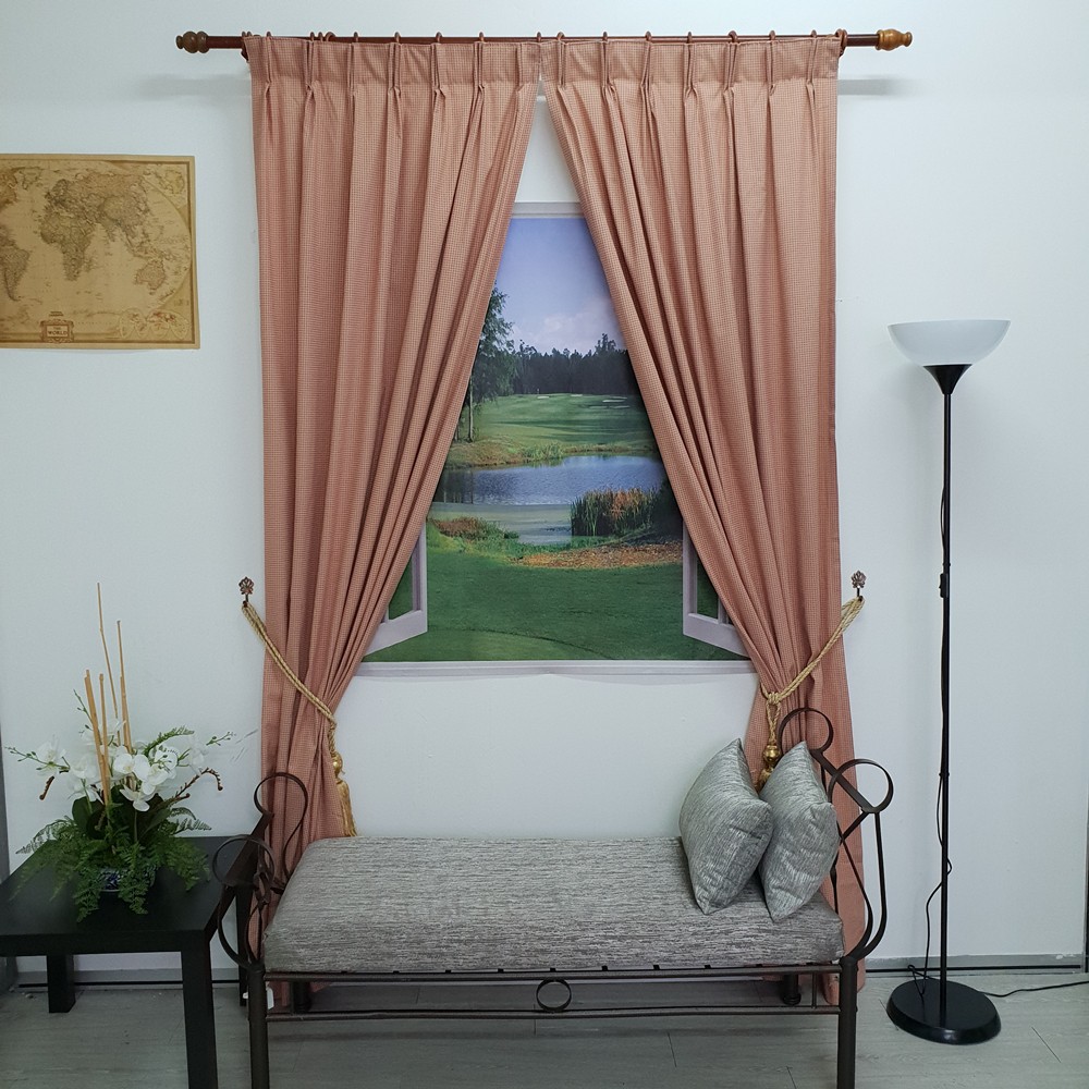 Azn Home Decor Ready Made Curtain 2 Panel Brown Checkered