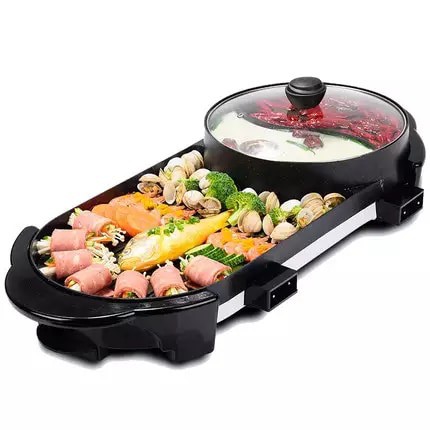 Electric Large Korean Pan Grill BBQ Grill Nonstick Pan with Shabu Shabu BBQ Steamboat Hot Pot Frying Pan (2 in 1)