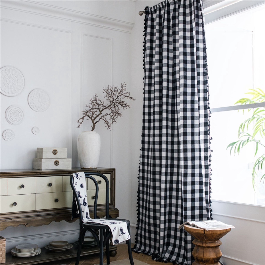 American Style Semi Sheer Tassel Curtains Black White Plaid Printed Curtain For Living Room Rings Top Hooks Top Rod Pocket Curtains For Window Home Decorative Shopee Malaysia