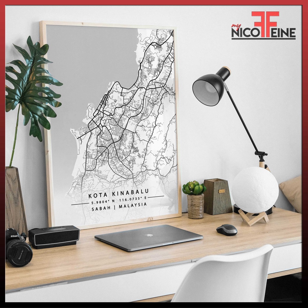 [Poster Only] Kota Kinabalu Sabah Minimal City Map Art Black, Grey and White Large Poster Print / Wall Art