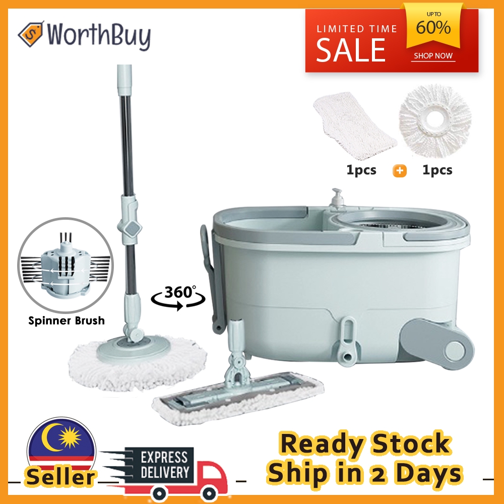 Worthbuy Dual Mop Head Spin Mop With Stainless Steel Basket And Wheel Bucket