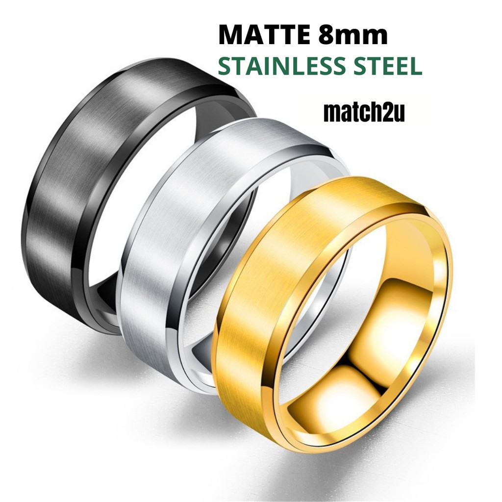 Cincin Hitam Stainless Steel 8mm Matte Titanium Black Gold Silver Men