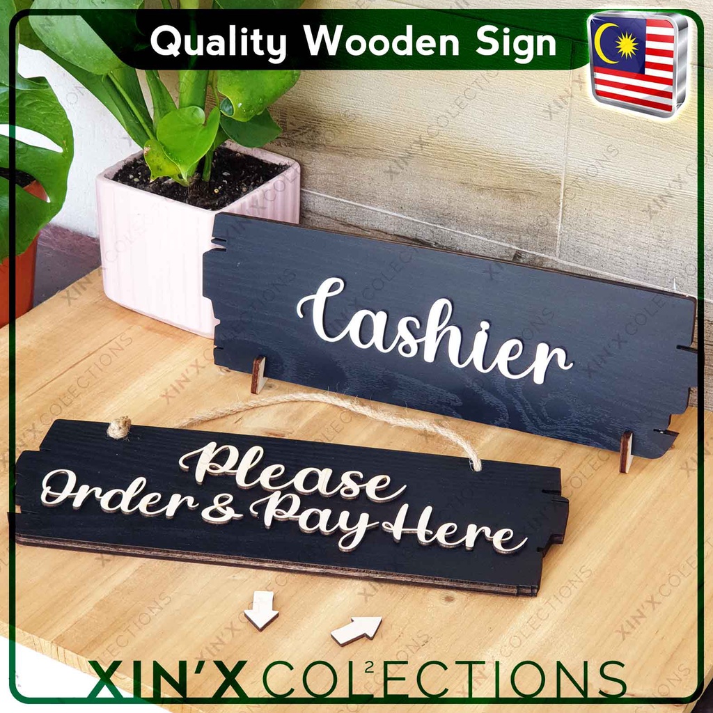 Wooden Wood Sign Signboard Signage Cashier Pay Here Order Here Bayar Sini