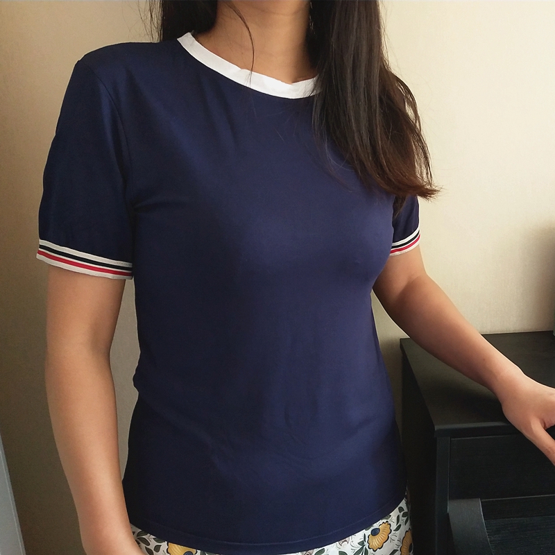 Handyulong Women Shirts Teen Girls Casual Short Sleeve Color Block Stripe Elastic Tunic T-Shirt Blouse Tops 