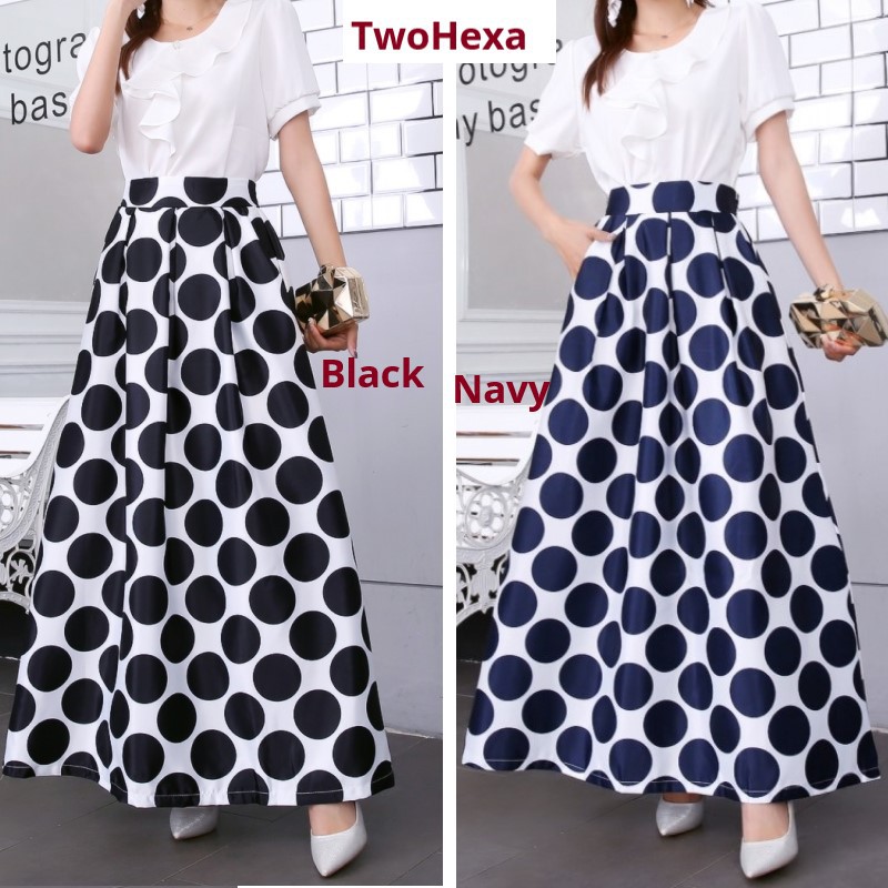 navy polka dot maxi skirt