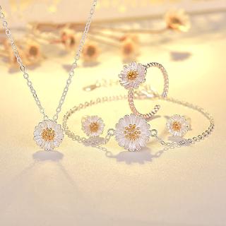 Kalung Cincin Gelang Daisy Flower Silver Necklace Ring Bracelet Women Jewelry Set Accessories Gifts