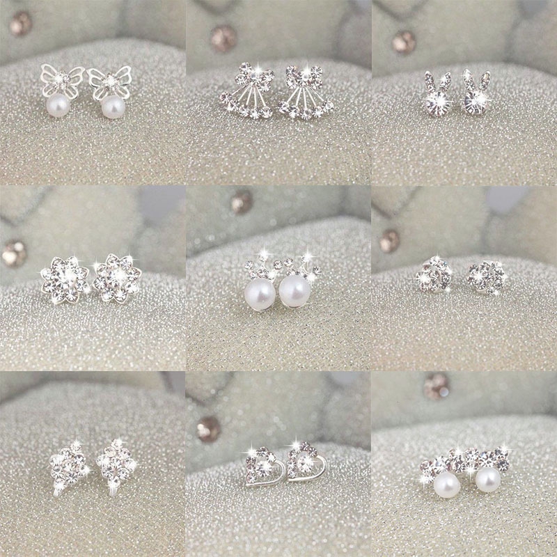 Anting Fashion Heart Pearl Crystal Stud Earring Charm Zircon Star Earrings Jewelry for Women Lady Gift