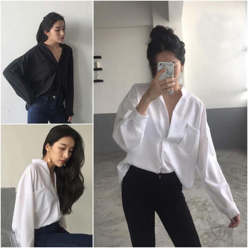 Kemeja V-Neck Lengan Panjang Model Longgar untuk Wanita | Shopee Malaysia