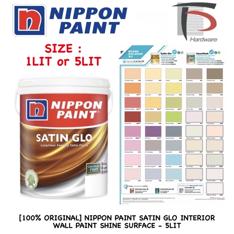 100% ORIGINAL] NIPPON PAINT SATIN GLO INTERIOR WALL PAINT SHINE SURFACE -  5LIT | Shopee Malaysia