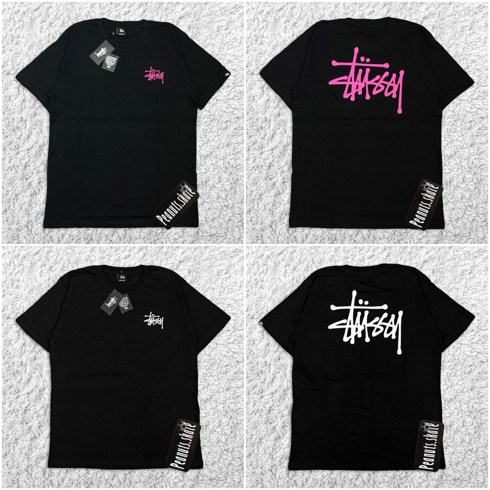 Stussy T Shirt Dual Stock Logo Black Pink Black T Shirt Men Women Import Signature Shopee Malaysia