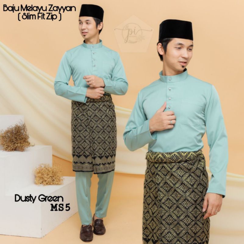 BAJU MELAYU ZAYYAN DUSTY GREEN SLIMFIT / BAJU MELAYU CEKAK MUSANG ZIP ...