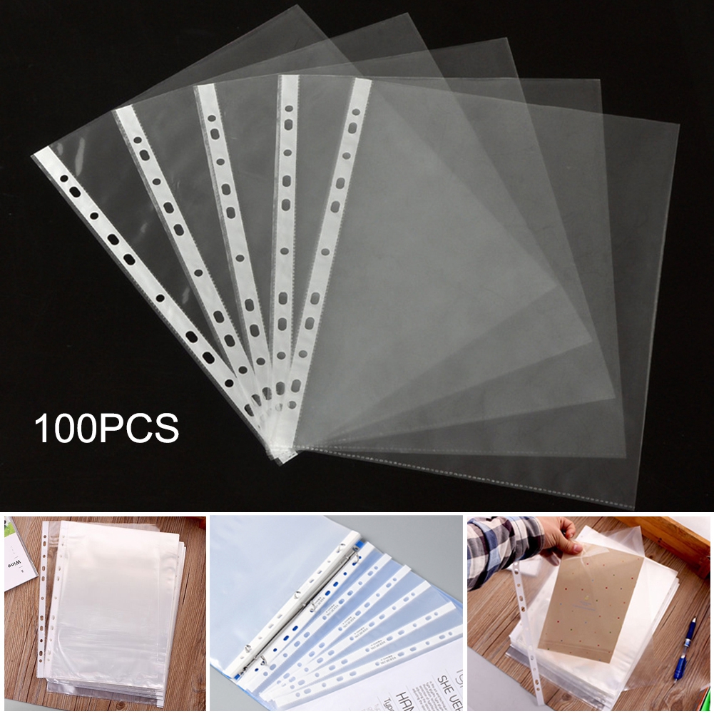 100Pcs A4 Plastic Punched Pockets Folders Filing 11 Holes Loose Leaf ...