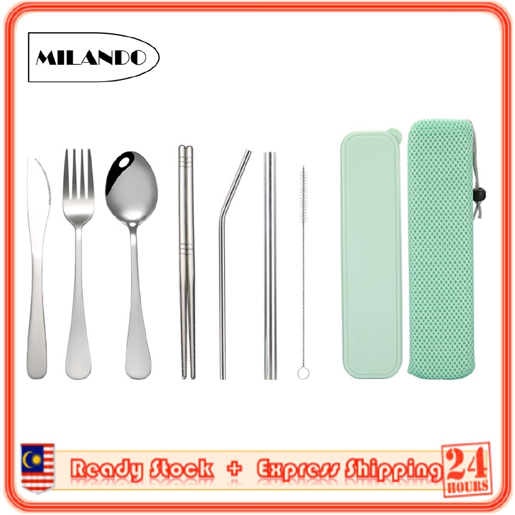 (8 Pcs) MILANDO Stainless steel Portable Tableware Utensil Set Cutlery Set Spoon chopsticks Fork Set (Type 3)