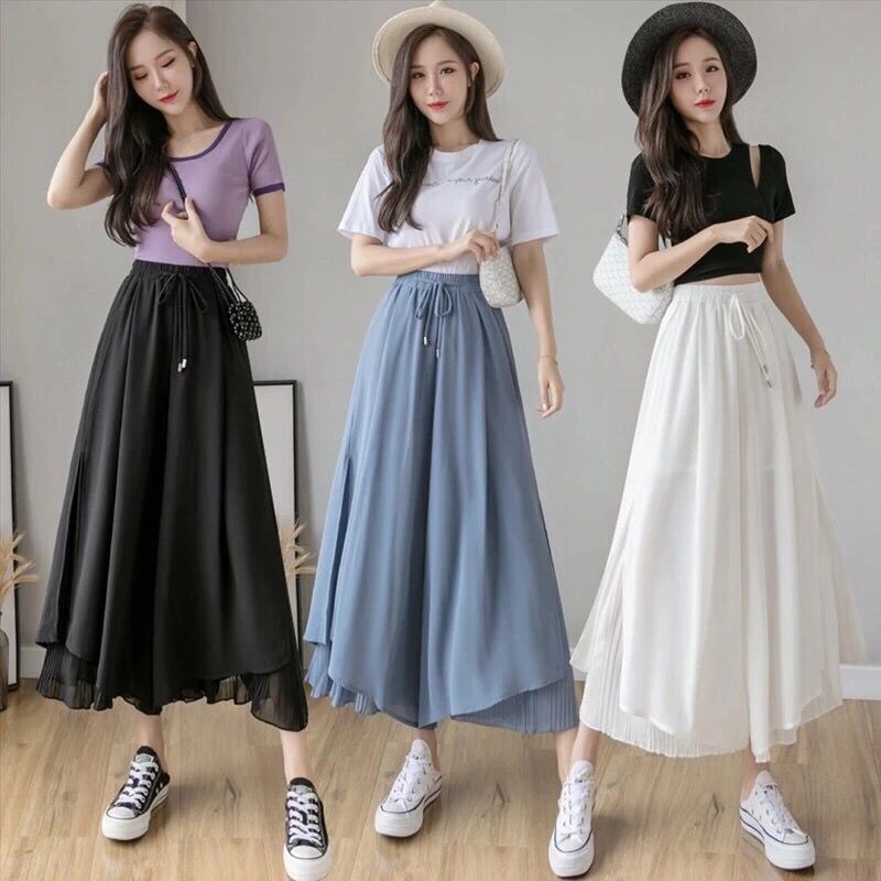 Wide-leg pants women's chiffon Korean loose thin阔腿裤女雪纺韩版宽松显瘦黑色高腰百搭九分休闲裤裙女