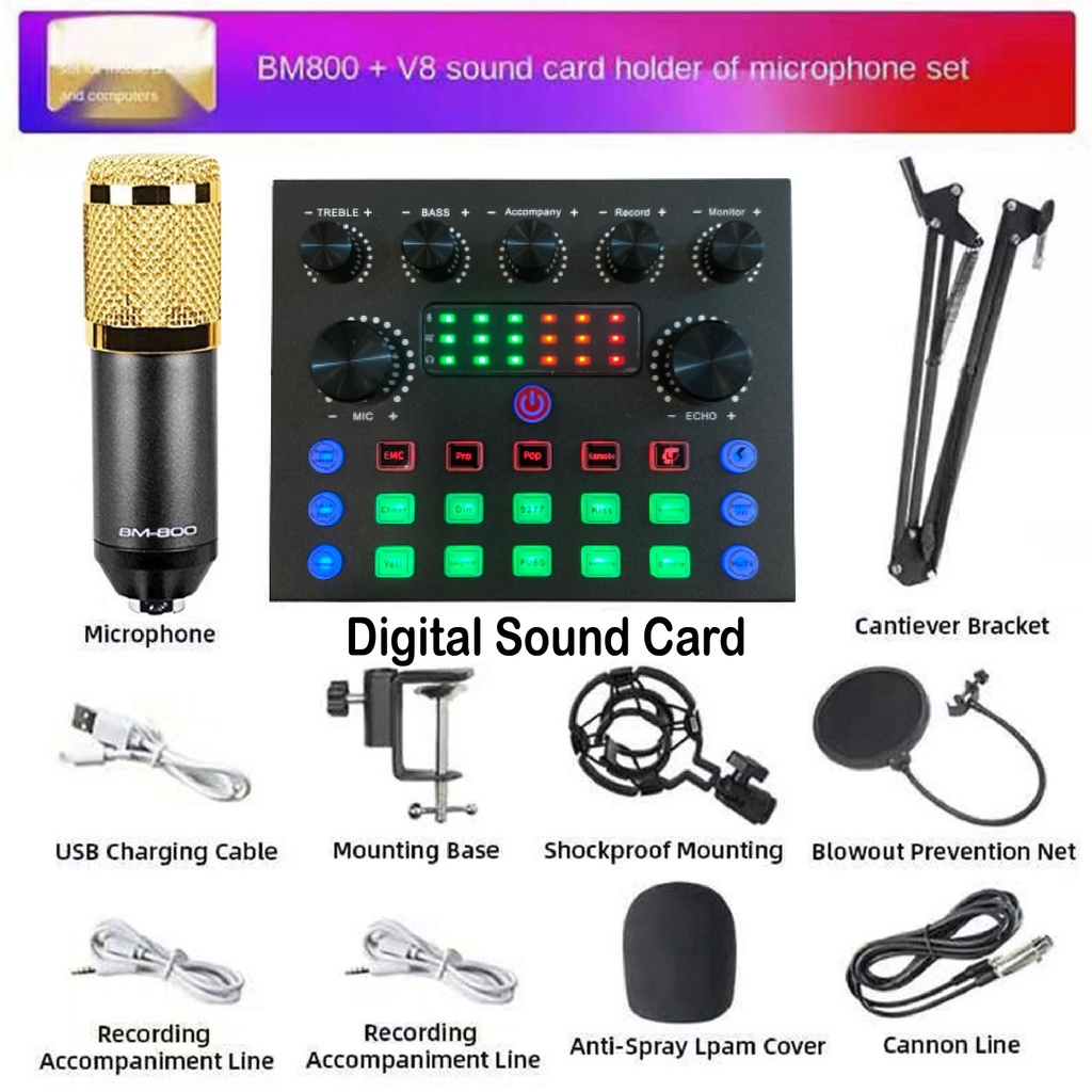 Quick Ship Pos Pantas Stok KL Full Set BM800 with V8 digital Sound Card Condenser Microphone Studio Recording Mic